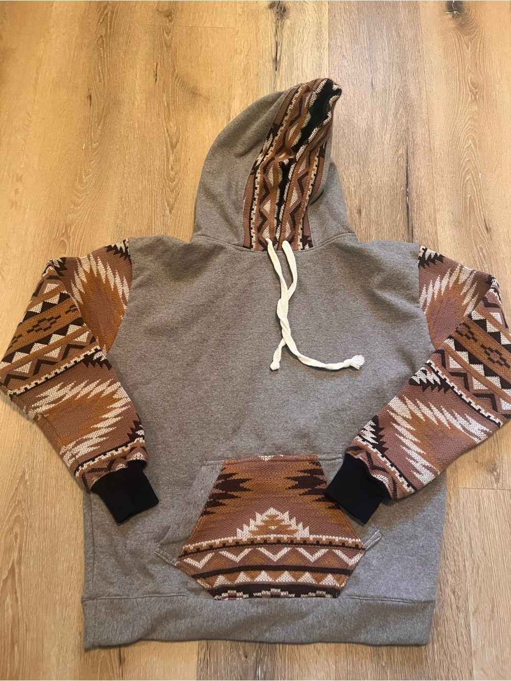 Alegia Small Men's Gray Hoodie with Brown Aztec Accents - hand wash